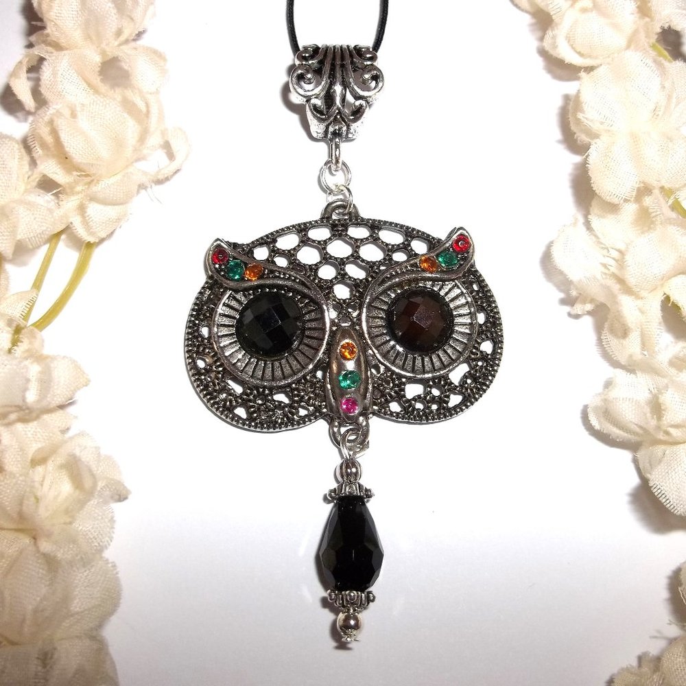 Statement Owl Necklace Pendant Charm Beaded Silver Black Costume Jewelry C363